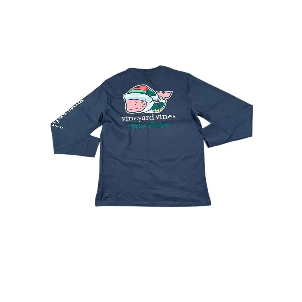 Vineyard Vines Christmas Whale Long Sleeve T-Shirt Navy Blue‎ Holiday Edition L